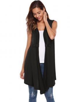 

Black Solid Sleeveless Asymmetric Hem Open Front Draped Cardigan, Multicolor