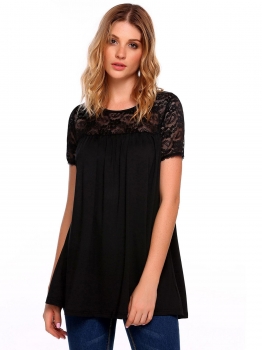 

Black Lace Patchwork O-Neck Short Sleeve Tops, Multicolor