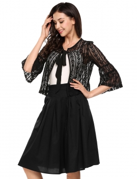 

Black Flare 3"4 Sleeve Bow Floral Open Stitch Jacket, Multicolor