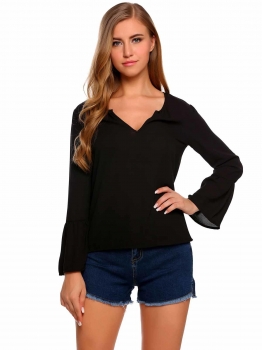 

Black Solid Long Flare Sleeve V Neck Loose Chiffon Blouse, Multicolor