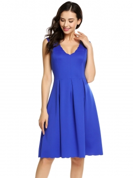 

Blue Scallop V-Neck Sleeveless Pleated Skater Dress, Multicolor