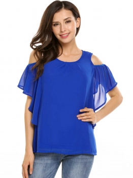 

Blue Solid Butterfly Sleeve Pleated Front Cold Shoulder Chiffon Blouse, Multicolor