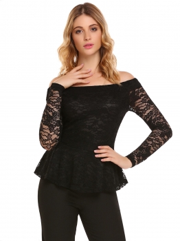 

Black Lace Patchwork Slash Neck Long Sleeve Slim Tops, Multicolor