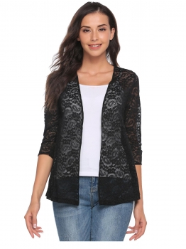 

Black 3"4 Sleeve Open Front Sheer Floral Lace Slim Fit Jackets, Multicolor