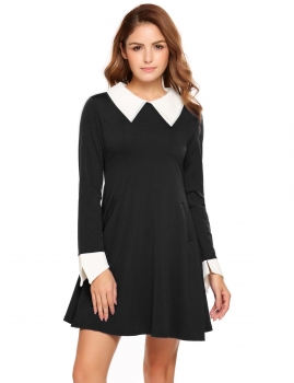 

Black Doll Collar Long Sleeve Patchwork Pocket Zipper Dress, Multicolor