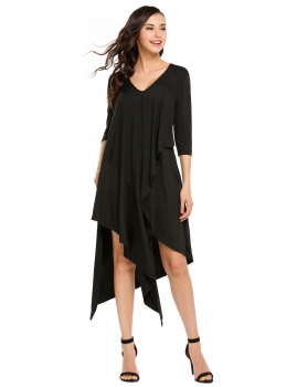 

Black V-Neck 3"4 Sleeve Solid Asymmetrical Hem Dress, Multicolor