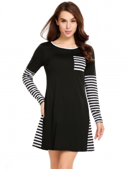 

Black O-Neck Long Sleeve Patchwork Pocket Loose Dress, Multicolor