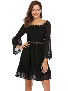 

Black Flare Sleeve Chiffon Patchwork Slim Dress, Multicolor