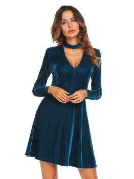 

Blue Stand Neck Velvet Choker Skater Dress, Multicolor