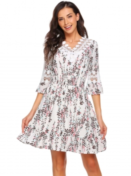 

White Flare Sleeve Lace Patchwork Prints A-Line Dress, Multicolor