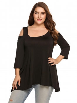 

Black Plus Sizes Cold Shoulder 3"4 Sleeve Asymmetric Tops, Multicolor