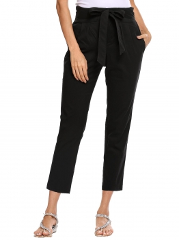 

Black Ruffles Elastic Waist Tie Up Solid Pencil Pant with Pocket, Multicolor