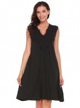 

Black Sleeveless V Neck A-line Lace Stitching Dress, Multicolor