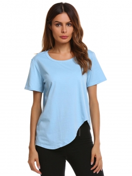 

Blue Short Sleeve O Neck Solid Asymmetrical Hem T-Shirts, Multicolor