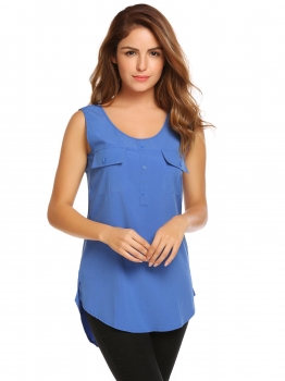 

Blue Sleeveless Round Hemline O-Neck Solid Tank Top, Multicolor
