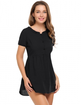 

Black Solid Buttoned O-Neck Short Sleeve Tunics, Multicolor