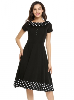

Black Vintage Style Buttons Dot Patchwork Pleated Dress, Multicolor