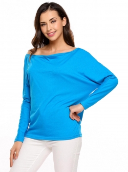 

Blue Solid Long Bat Sleeve Boat Neck Loose Fit Tops, Multicolor