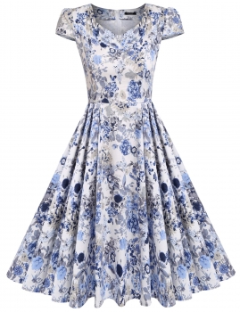 

Beige Short Sleeve Floral Print V-Neck High Waist Swing Dress, Multicolor