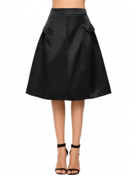 

Black Retro Style Solid Button Fake Pocket A-Line Skirt, Multicolor