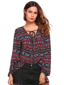 

Multi-color1 Printed Drawstring V-Neck Long Sleeve Asymmetrical Hem Tops, Multicolor