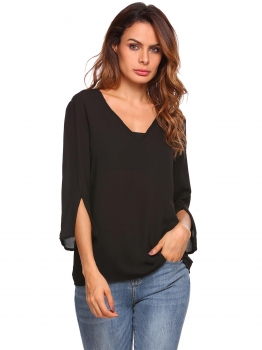 

Black Solid Split Sleeve V-Neck 3"4 Loose Fit Chiffon Tops, Multicolor