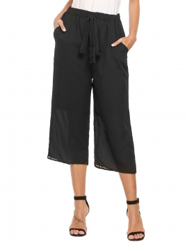 

Black Elastic Drawstring Waist Solid Loose Chiffon Capri Pants, Multicolor