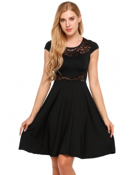

Black Lace Patchwork Cap Sleeve A-Line Short Dress, Multicolor