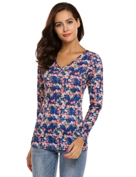 

Blue Floral Print V-Neck Long Sleeve Slim Tops, Multicolor