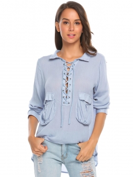 

Blue Women V-Neck Long Sleeve Lace-Up Pockets Shirt, Multicolor