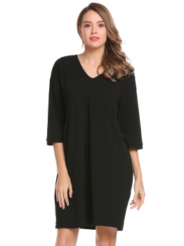 

Black 3"4 Sleeve Solid Pockets Loose Dress, Multicolor