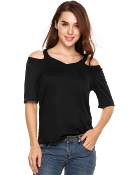

Black Solid Sexy Short Sleeve V Neck Cold Shoulder Loose Tops, Multicolor