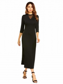 

Black O Neck 3"4 Sleeve Solid Pullover Party Evening Maxi Dress, Multicolor
