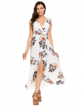 

White Surplice Neck Floral Loose Beach Maxi Dress, Multicolor