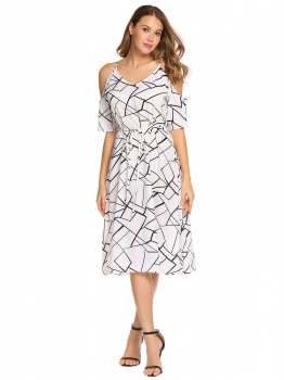 

White Half Sleeve Striped Cold Shoulder Belted Dress, Multicolor