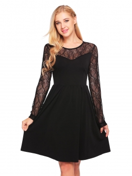 

Black Long Sleeve Lace Patchwork High Waist Slim Pleated Dress, Multicolor