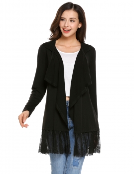 

Black Long Sleeve Open Front Draped Lace Trim Hooded Cardigan, Multicolor