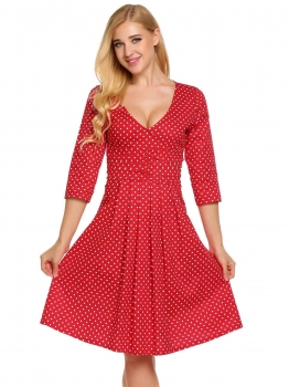 

Red Surplice Neck 3"4 Sleeve Dot Ruched Swing Dress, Multicolor