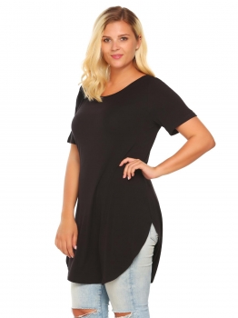 

Black Plus Size Short Sleeve Solid Loose Long Curved Hem Tops, Multicolor