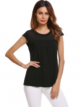 

Black O-Neck Cap Sleeve Chiffon Patchwork Sexy Tops, Multicolor