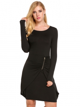 

Black Long Sleeve Solid O Neck Ruched Pencil Dress, Multicolor