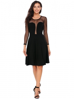 

Black Keyhole Back Dot Mesh Patchwork Dress, Multicolor