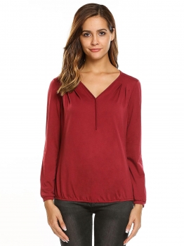 

Dark red Solid V-neck Long Sleeve Loose Elastic Waist Casual Tops, Multicolor
