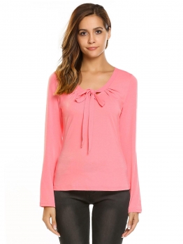 

Pink Women Long Sleeve Basic Tee Solid Slim Casual T-shirt lace-up Bow, Multicolor