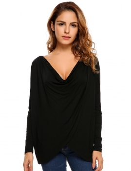 

Black Casual Long Sleeve Draped Cowl Neck Solid Loose T-Shirt, Multicolor