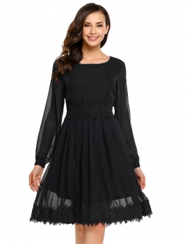 

Black Long Sleeve Lace-trimmed Patchwork Chiffon Dress, Multicolor