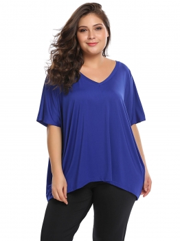 

Royal Blue Solid Plus Sizes V-Neck Batwing Short Sleeve Loose Tops, Multicolor