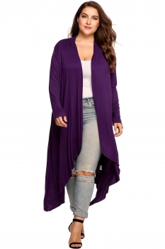 

Purple Plus Size Long Sleeve Open Front Solid Draped Asymmetrical Long Cardigan, Multicolor