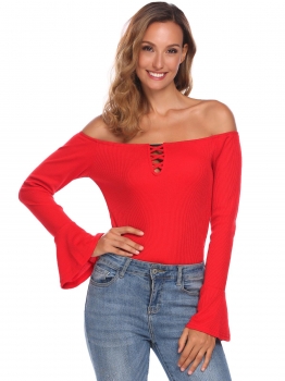 

Red Women Fashion Slash Neck Long Trumpet Sleeve Solid Rib Casual Tops, Multicolor