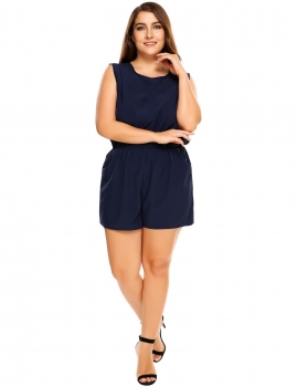 

Navy blue Plus Size Sleeveless Backless Elastic Waist Solid Romper, Multicolor